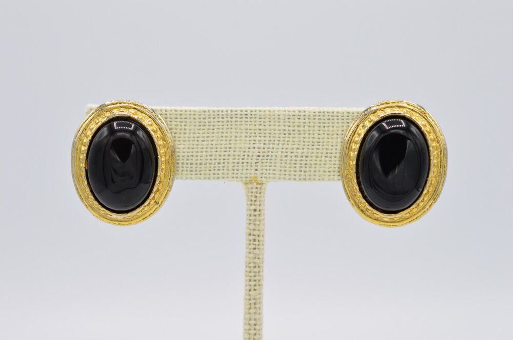 Vintage Cabochon Earrings Faux Onyx Black Beaded Oval Statement 1980s 9I